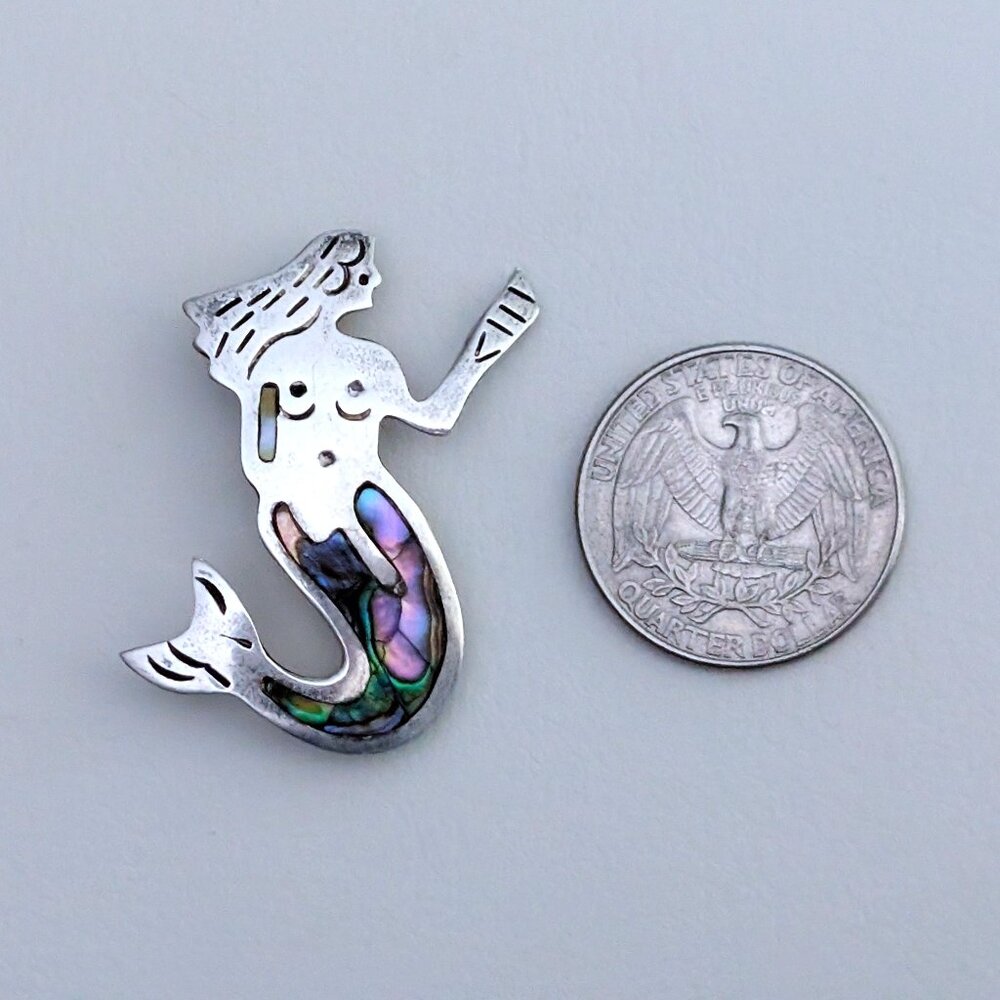 Vintage Taxco Mexico Sterling Silver 925 Abalone Mermaid Brooch Pin Eagle Mark